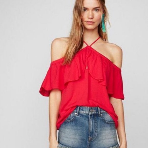 Express Red Floral Off Shoulder Key Hole Halter Top SP - Picture 10 of 10